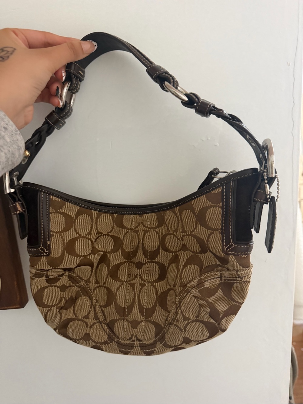 Coach Brown Signature Canvas Shoulder Bag with Dark Leather Trim